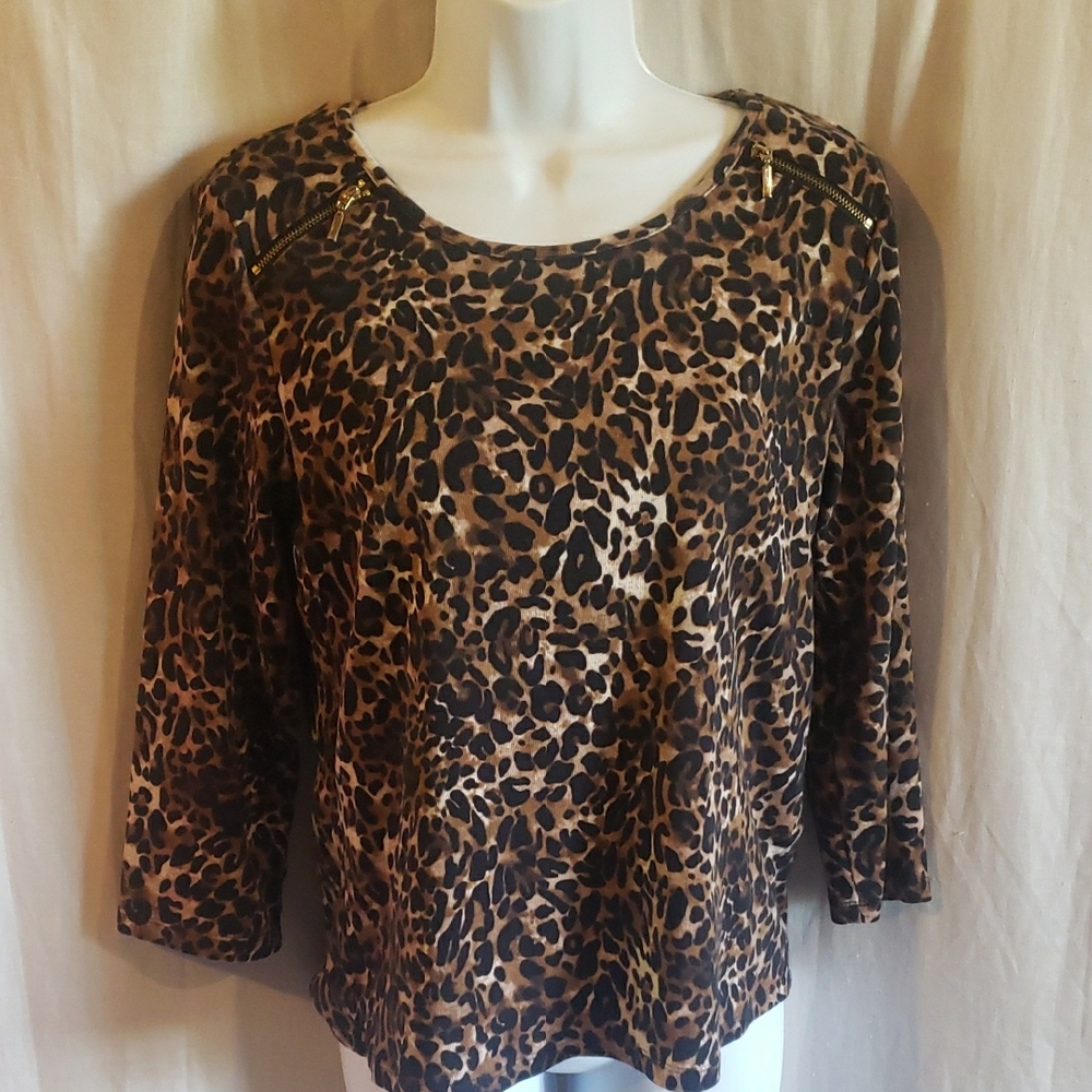 Rafaella Leopard Print Quarter Sleeve Top with Gold-tone Zipper Accents Size Med